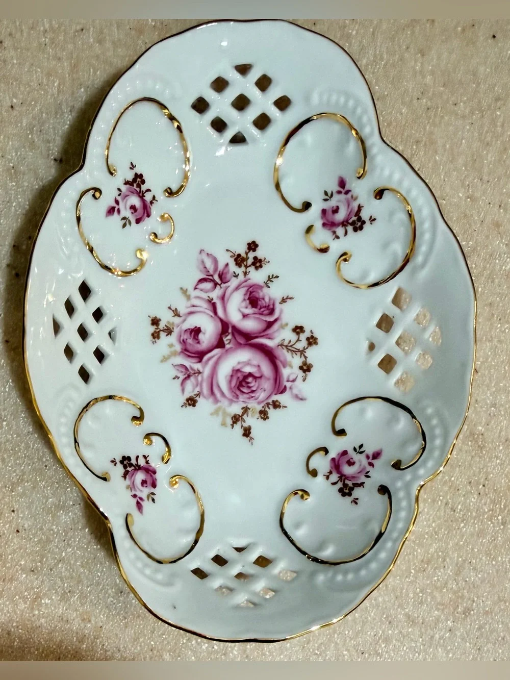 Weimar Porcelain Barbarina Pink Rose Trinket Candy Dish Bowl Gold Trim Filigree
